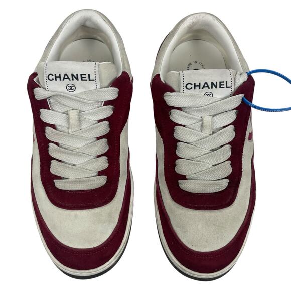 Chanel CC Logo Suede Kidskin Lace Up Sneakers Burgundy 2023 Size 36.5 - Picture 5 of 13